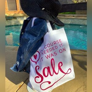 New “It was on Sale!” white shopping tote! Glittered lettering, 100% cotton.